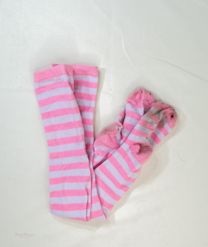 Celestina Blooms Pink Striped Thigh High Socks