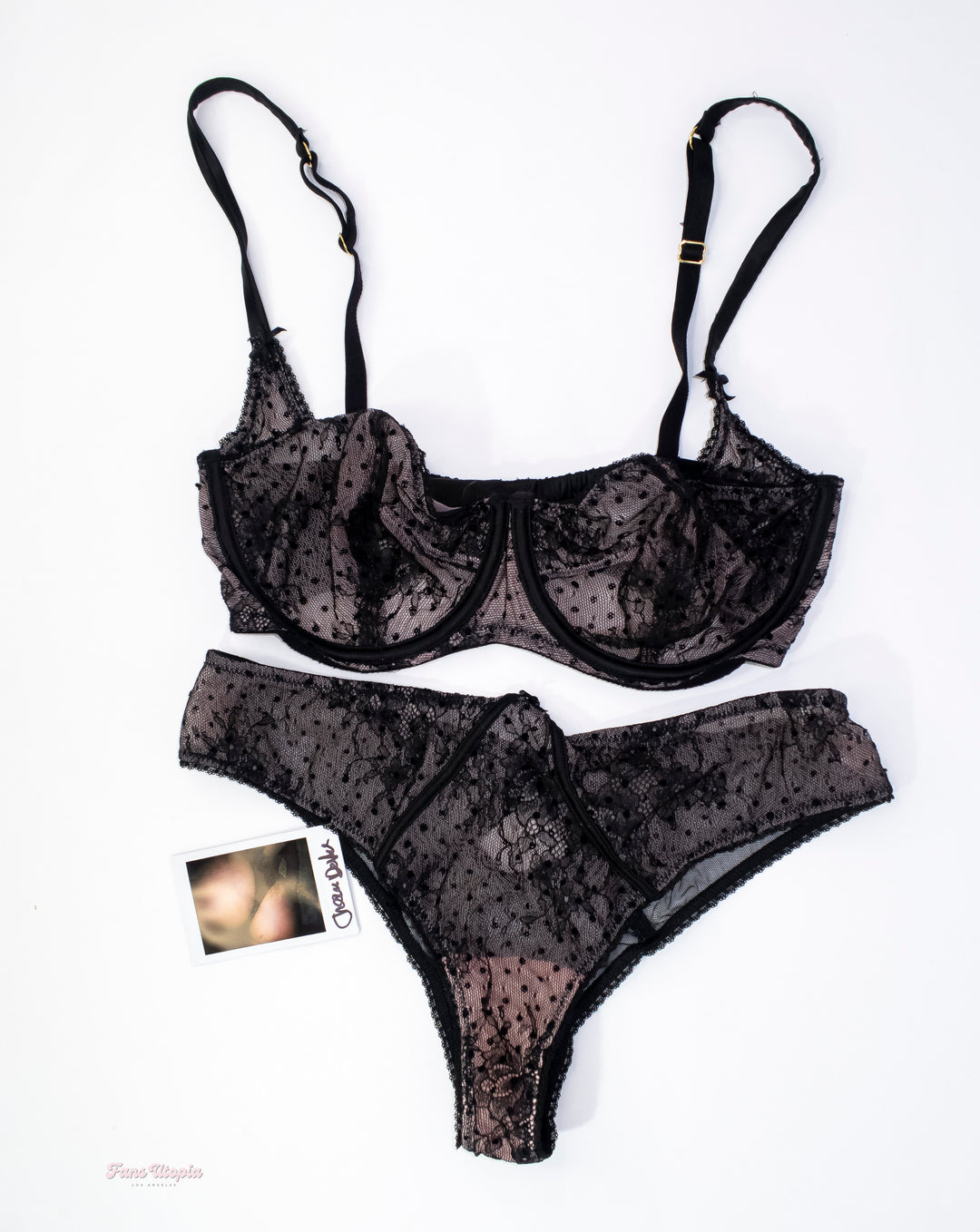 Cherie DeVille Pink & Black Flowers Lace Lingerie Set + Autographed Polaroid