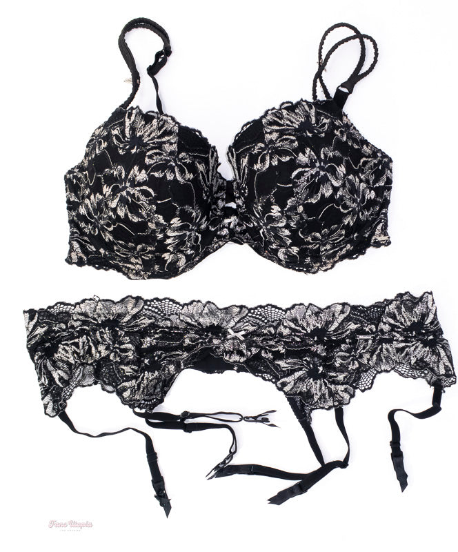 Samantha Mack Black White Lace Bra & Custom Garter Set - FANS UTOPIA