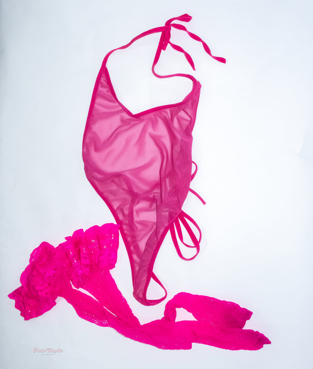 Queenie Sateen Pink Mesh Bodysuit and Fishnet Stockngs