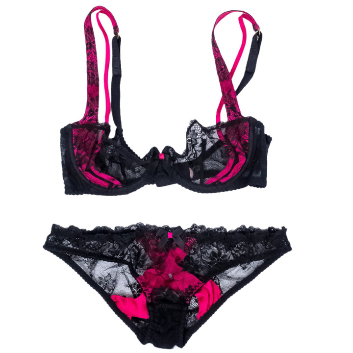 Vicki Chase Black Hot Pink Lace AP Bra & Panties Set