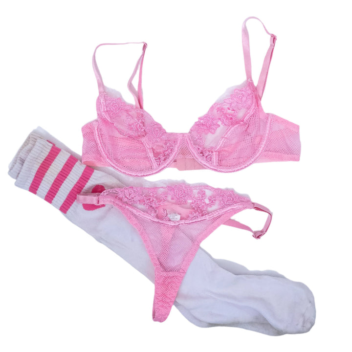 Liz Jordan Pink Mesh Bra & Panties + Socks