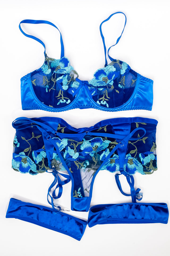 Elana Bunnz Blue Floral Lingerie Set + Heels