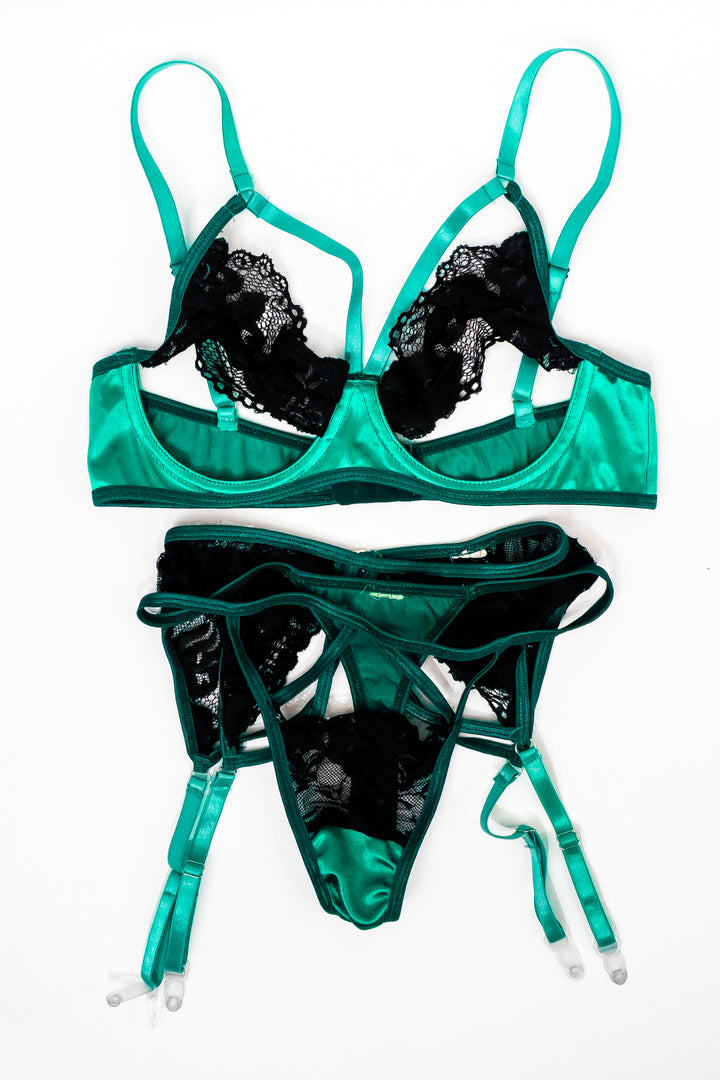 Elana Bunnz Green Black Lace Lingerie Set