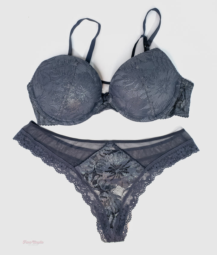 Charlotte Sins Grey Lace Bra & Panties Set + Polaroid