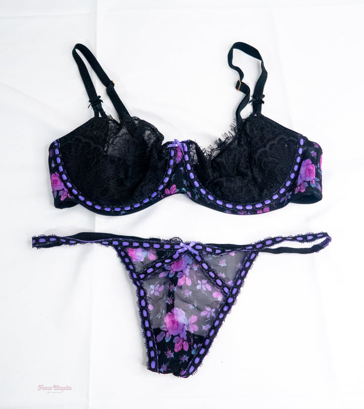 Melissa Stratton Black Purple Ribbon Lace Bra & Panties
