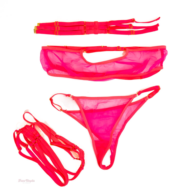 Hayley Davies Hot Pink Strapless Mesh Lingerie Set - FANS UTOPIA