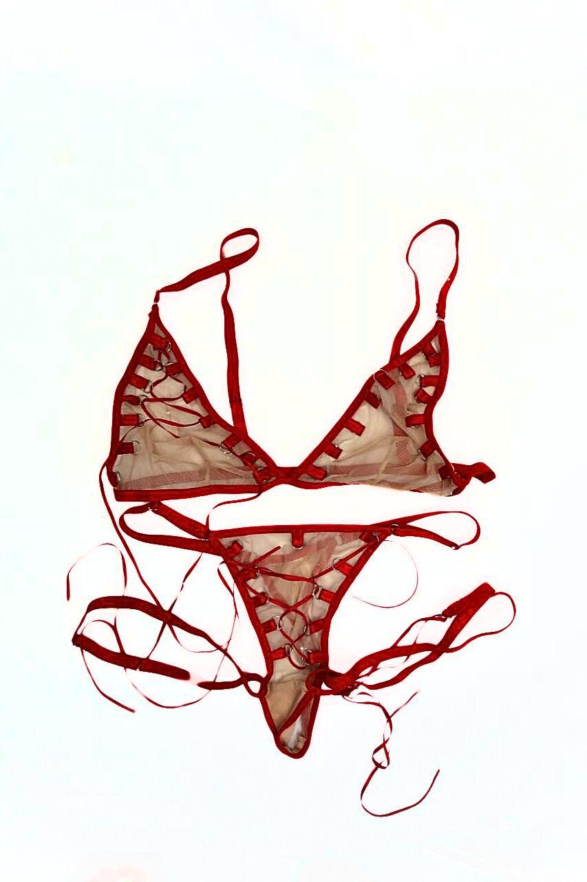 Blaire Johnson Red Ribbon & Nude Bra & Panties Set - FANS UTOPIA