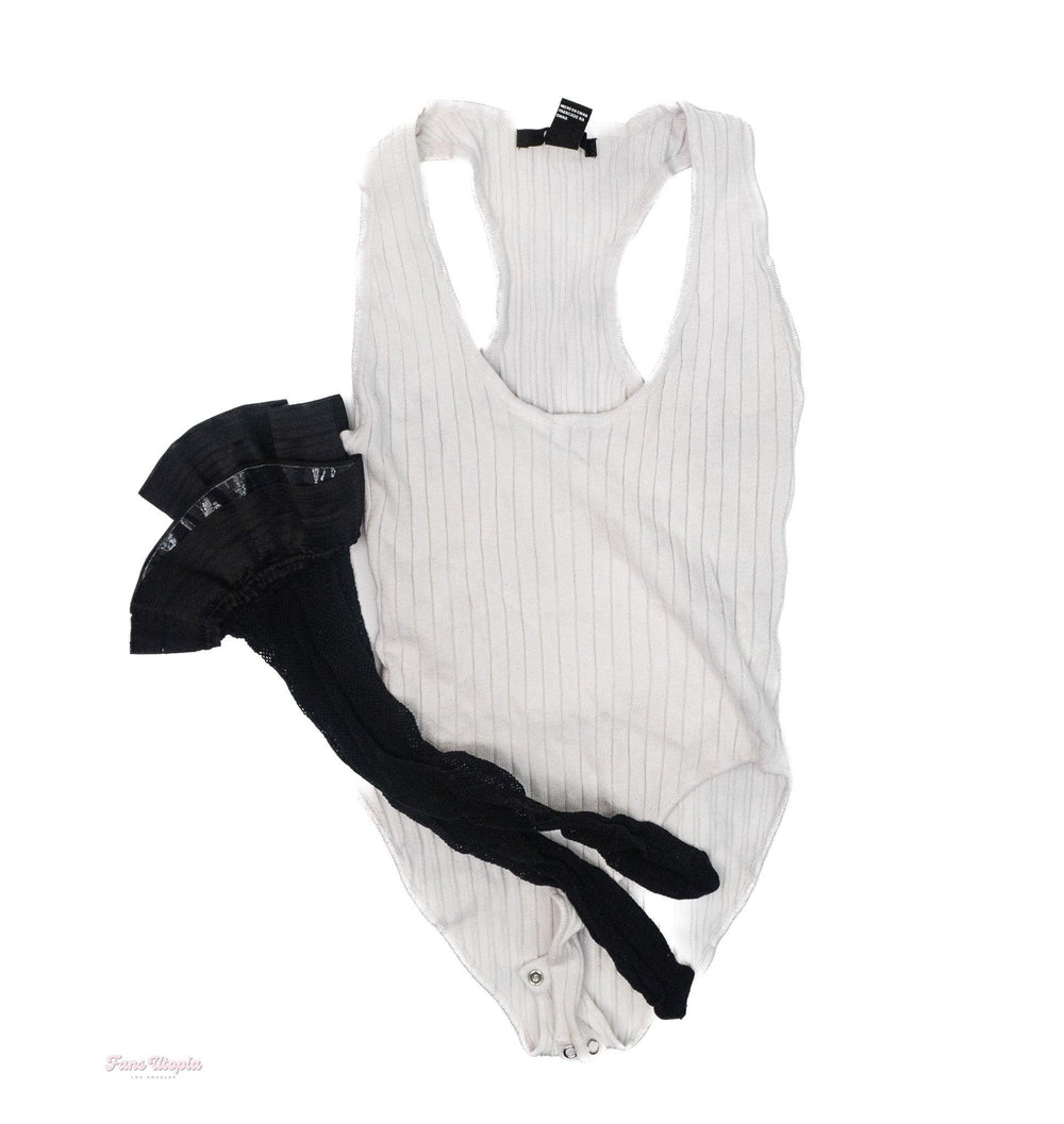 Celestina Blooms White Ribbed Bodysuit + Mesh Thigh Highs - FANS UTOPIA