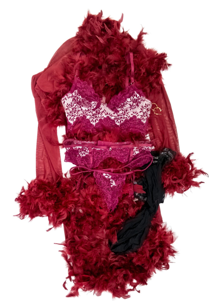 Cherie Deville Maroon Lingerie Set + Feathered Robe - FANS UTOPIA