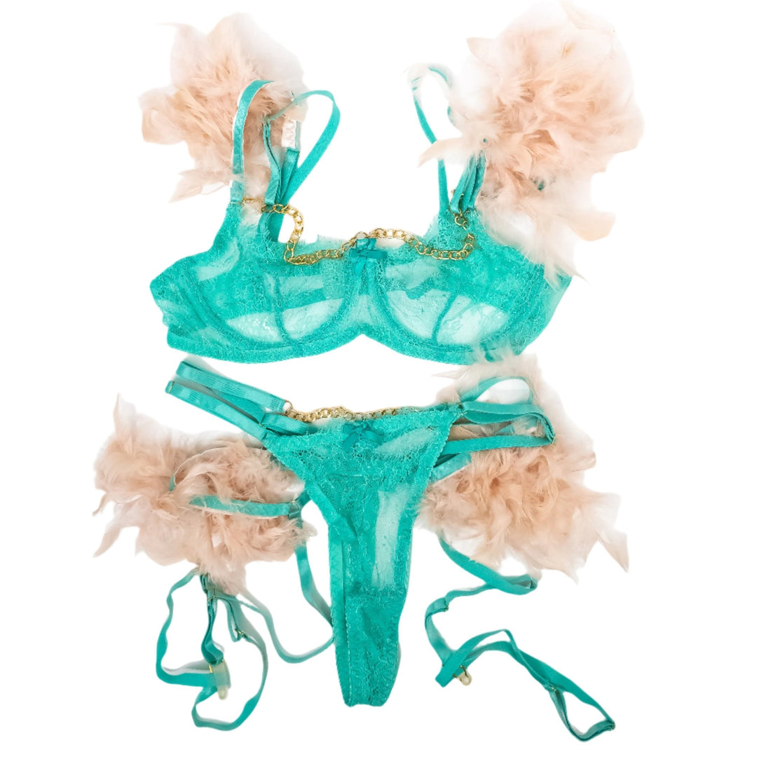 Cherie Deville Teal Pink Feathered Lingerie Set - FANS UTOPIA