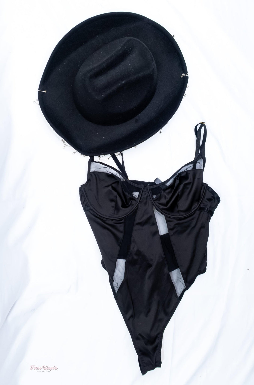 Kayley Gunner Black Bodysuit + Rhinestoone Tassle Cowboy Hat - FANS UTOPIA