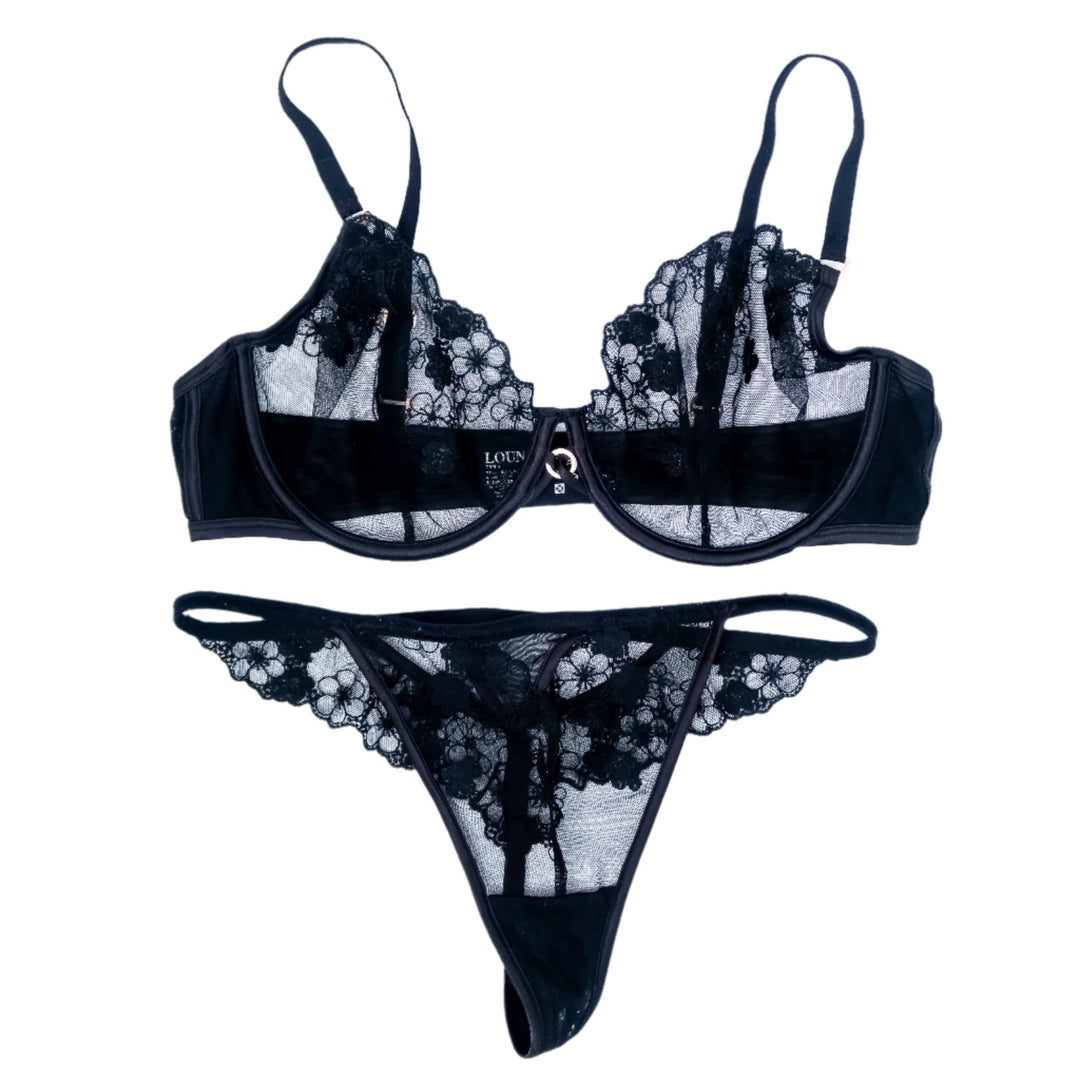 Kayley Gunner Black Lounge Lace Floral Bra & Panties Set