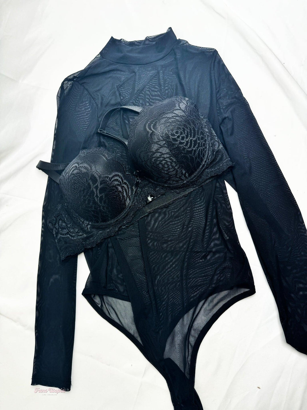 Kayley Gunner Black Mesh Long Sleeve Bodysuit & Bra - FANS UTOPIA