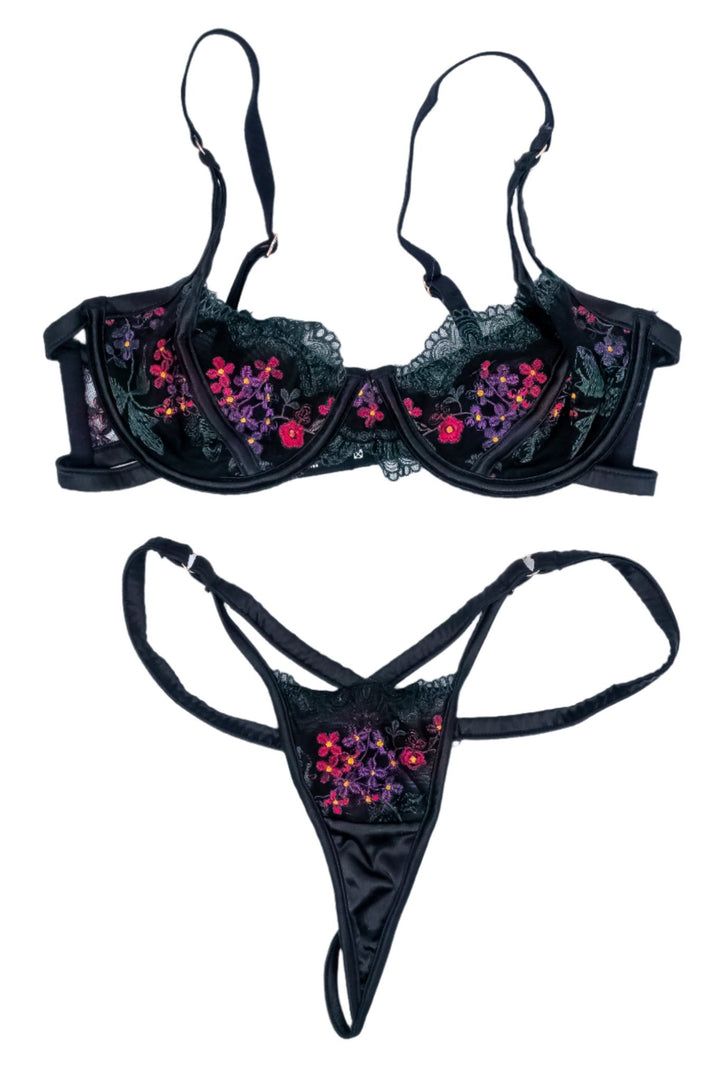 Liz Jordan Black Floral Lace Bra & Panties Set - FANS UTOPIA