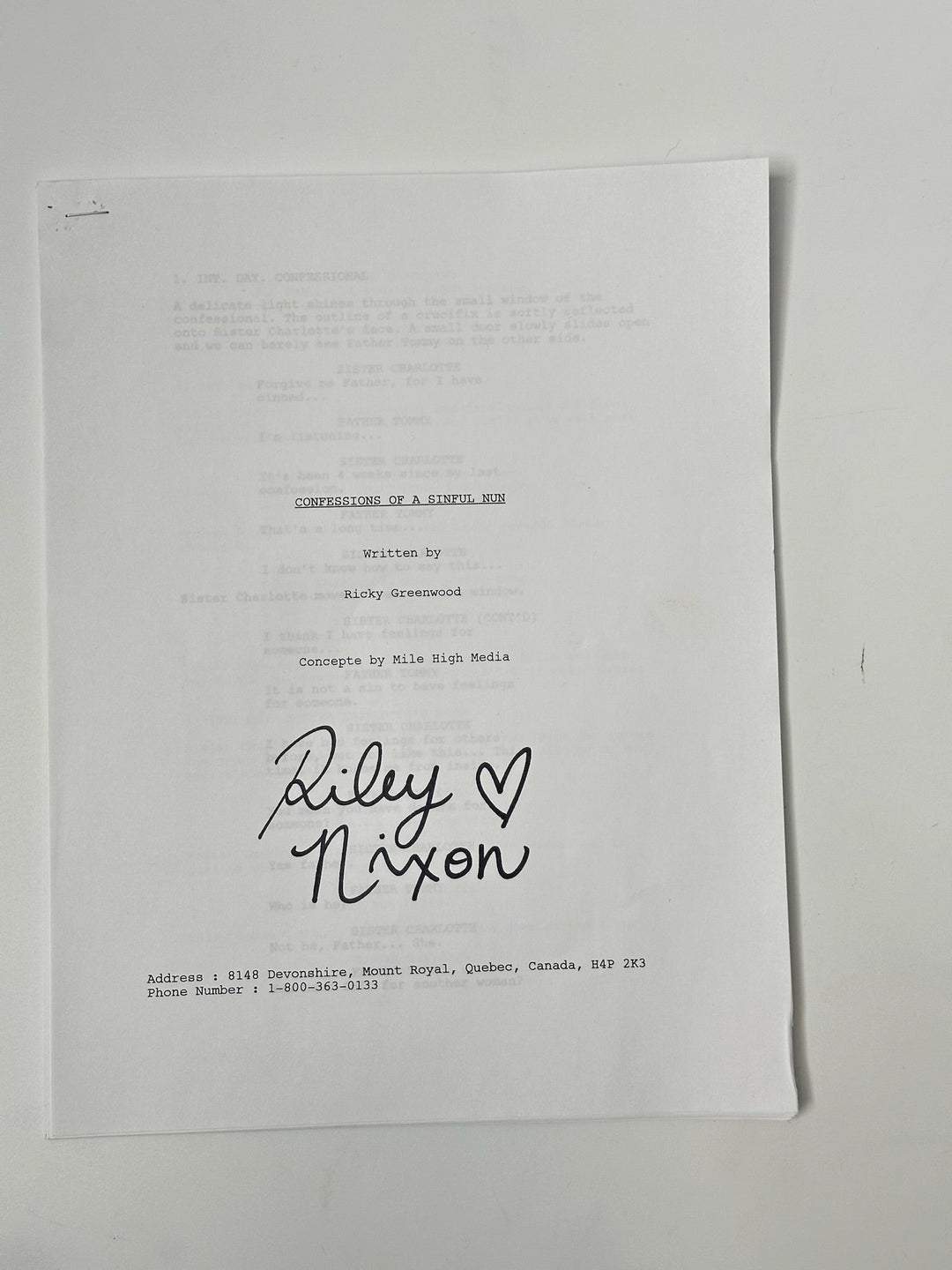 Riley Nixon's Signed Confession of A Sinful Nun Script