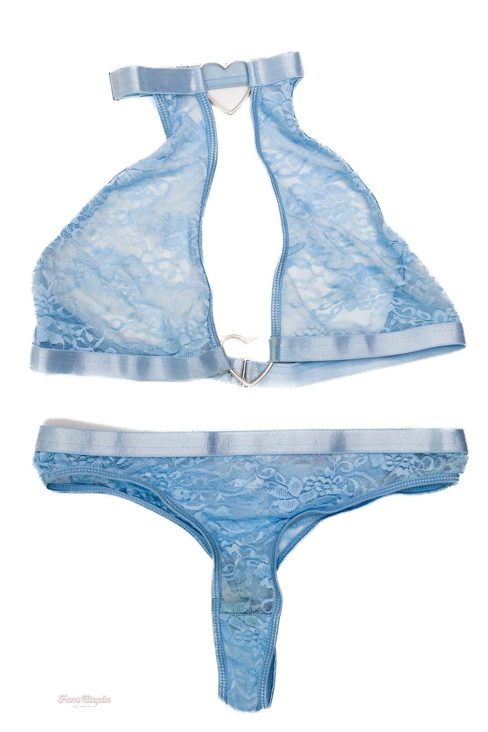 Roxi Sinner Blue Heart Lace Bra & Panty Set + White String Heels - FANS UTOPIA