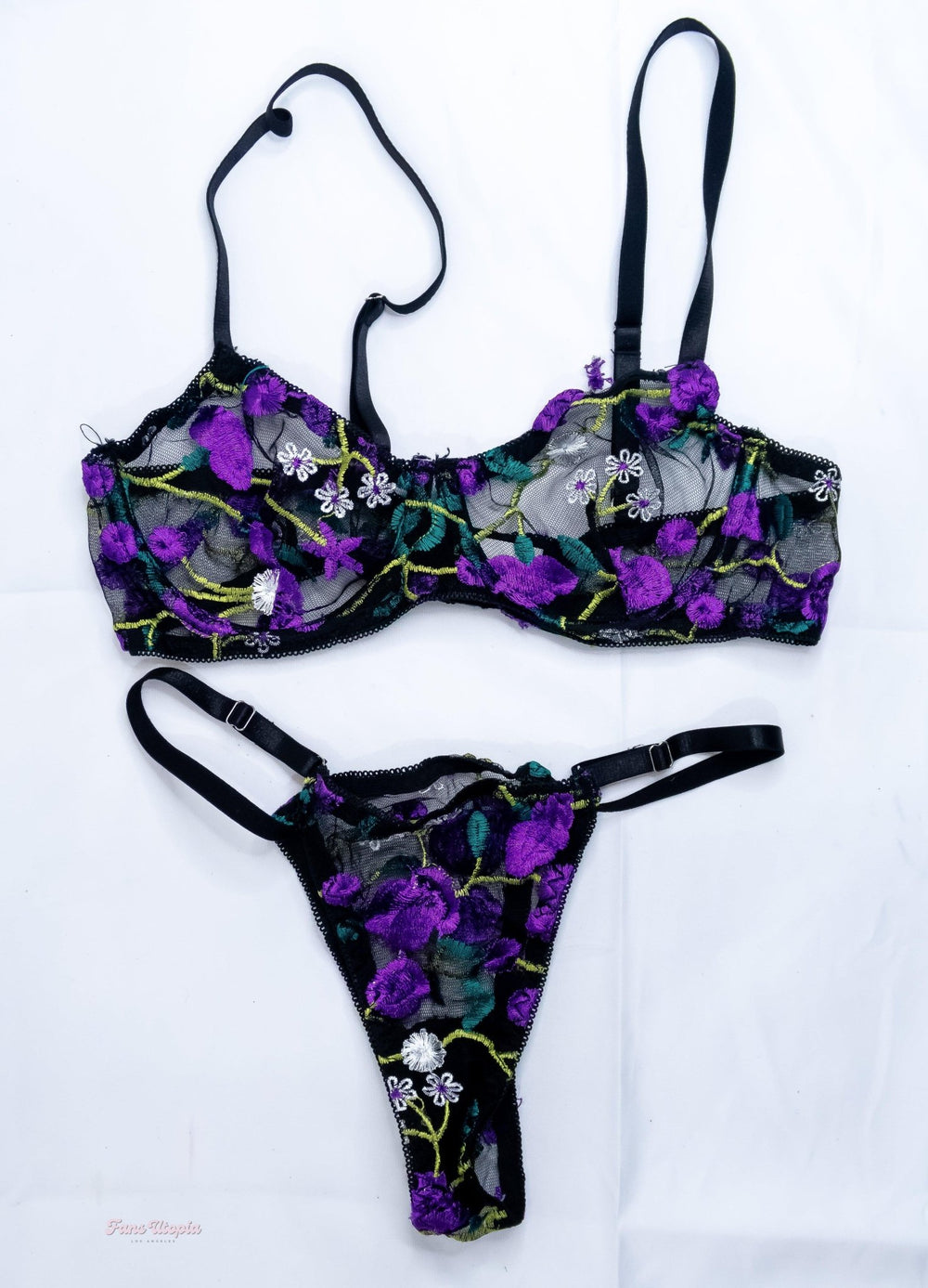 Sarah Illustrates Black Purple Floral Bra & Panties Set - FANS UTOPIA