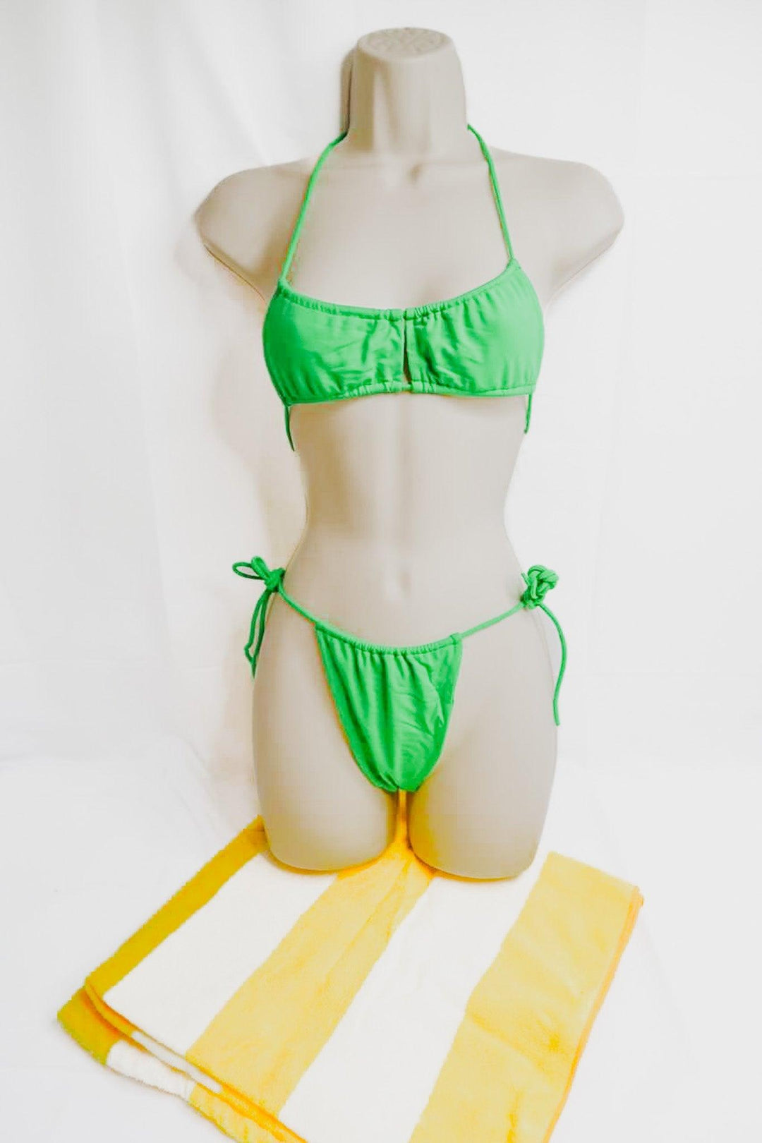 SPF - Melanie Marie Green Bikini + Yellow Stripe Beach Towel - FANS UTOPIA