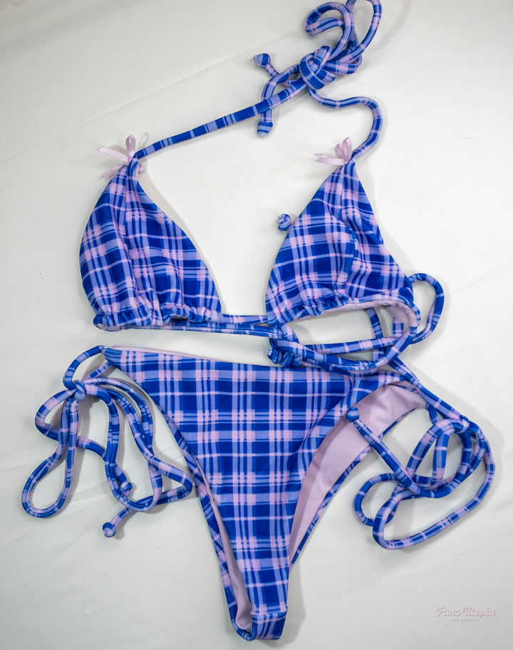 Mia Malkova Blue & Pink Plaid String Bikini
